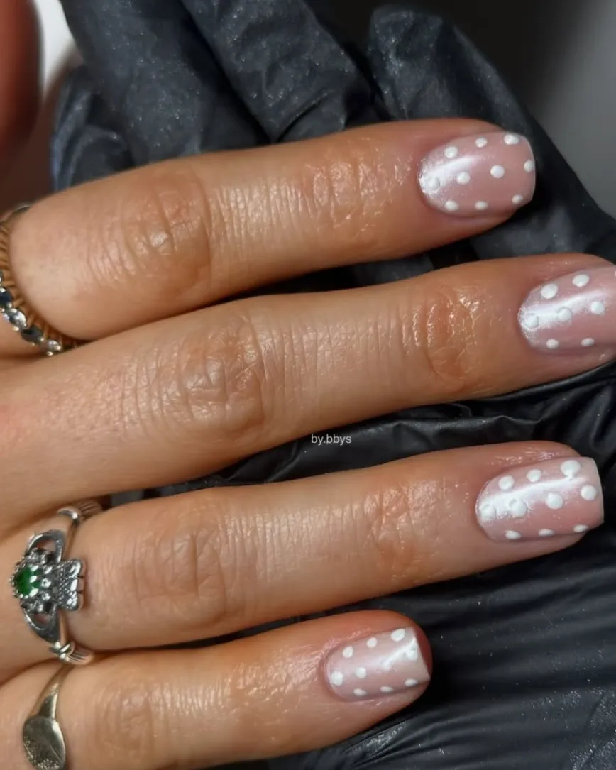 Short pearl nails with white polka dots by BY BBYS, lash and nail studio in Kelham Island, Sheffield