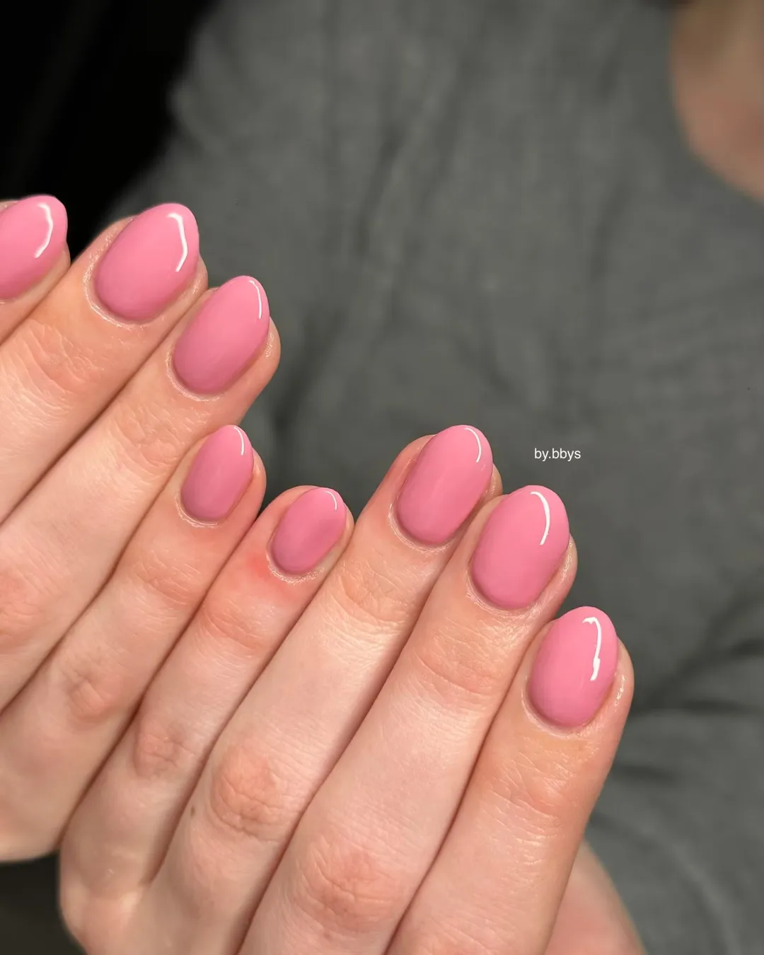 Short glossy pink nails by BY BBYS, lash and nail studio in Kelham Island, Sheffield