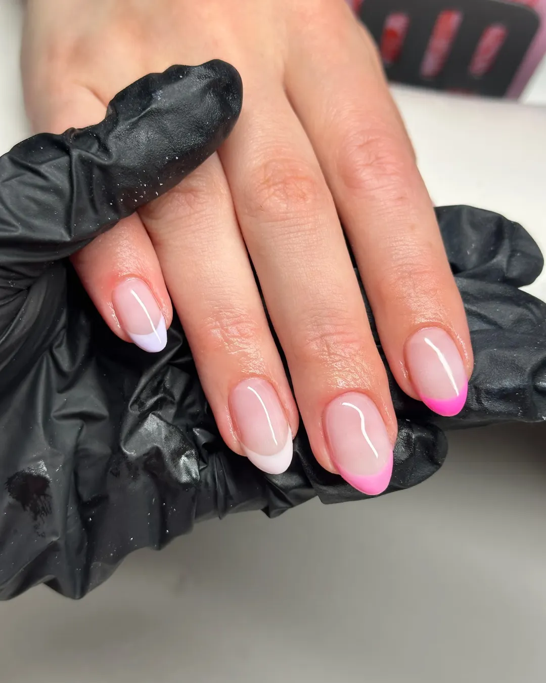 Short oval nails with pink and white tips by BY BBYS, lash and nail studio in Kelham Island, Sheffield