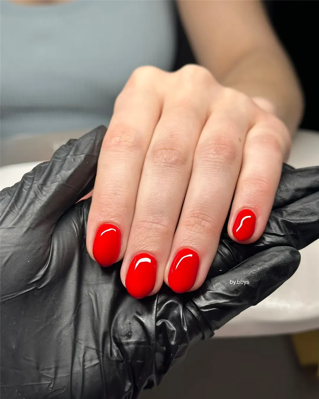 Short glossy red nails by BY BBYS, lash and nail studio in Kelham Island, Sheffield